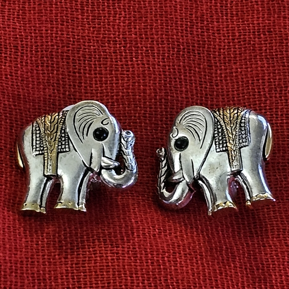 Silver and Gold-tone Clip-on Elephant Earrings - Picture 2 of 6
